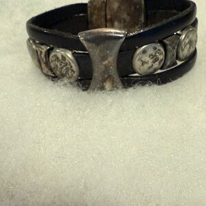 Black Leather Bracelet with Silver Accents